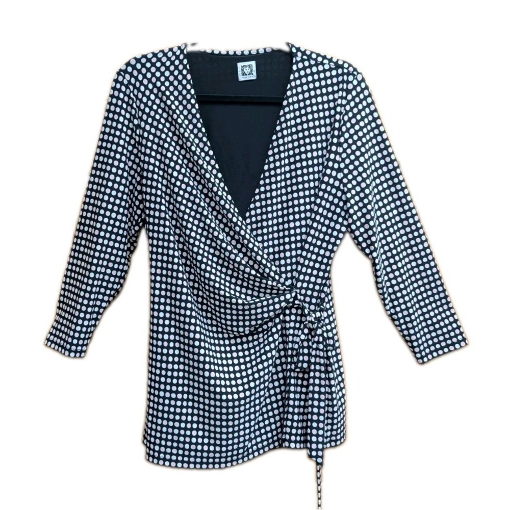 Anne Klein Women's NO SIZE Tunic Faux Wrap Tie at Waist Polka Dot Stretchy Top